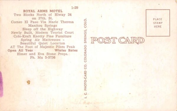 Manitou Springs Colorado Royal Arms Motel Vintage Postcard AA79856 - Image 2