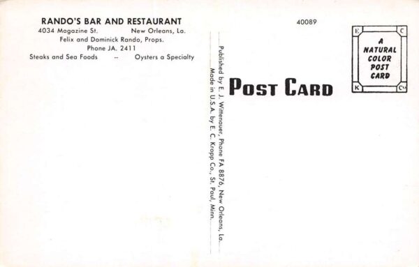 New Orleans Louisiana Rando's Bar & Restaurant, Chrome, Vintage PC U16430 - Image 2