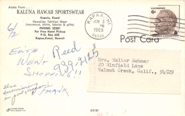 Kauai Hawaii Kaluna Hawaii Sportswear, Photochrome, Vintage Postcard U16439 - Image 2