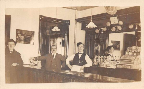 Bar Interior Bartenders Wadsworth Whiskey Sign Real Photo Postcard AA79862