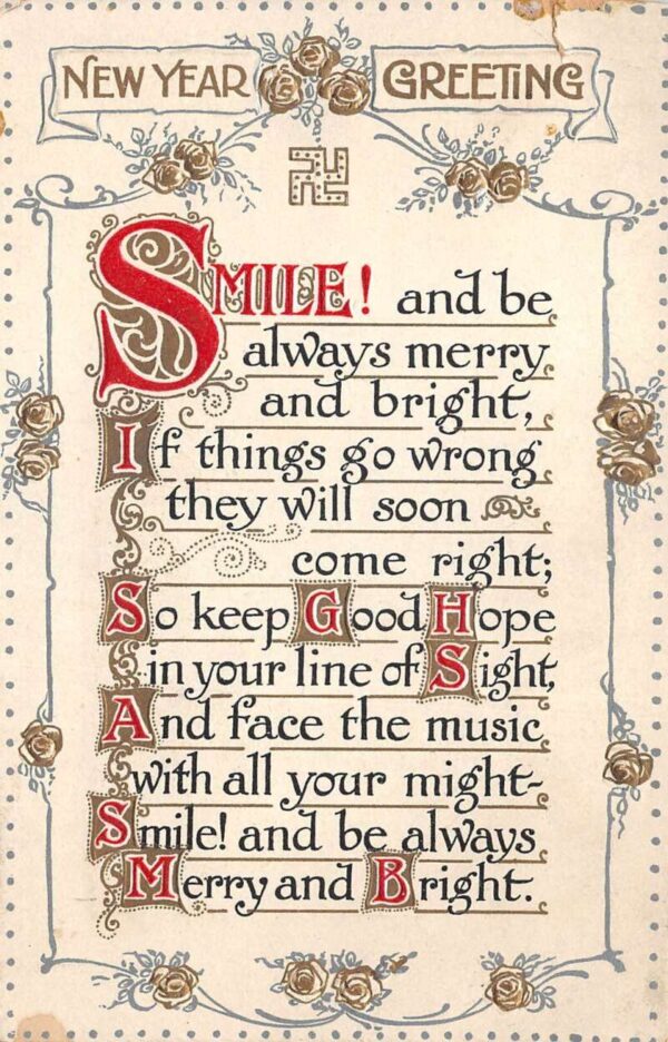 New Year Greetings Flowers Swastika Poem Vintage Postcard AA82932