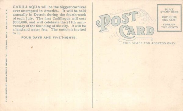 Detroit Michigan Cadillaqua Water Fete 4th of July Vintage Postcard AA82941 - Image 2