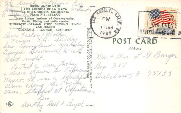 La Jolla Shores California Rheinlander Haus Cafe Vintage Postcard AA82960 - Image 2