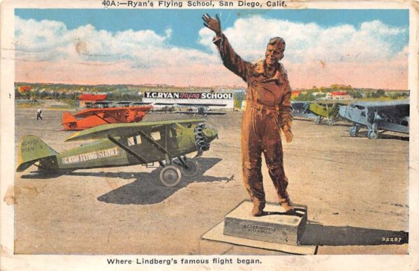 San Diego California Ryans Flying School Lindberg Monument Postcard AA82987