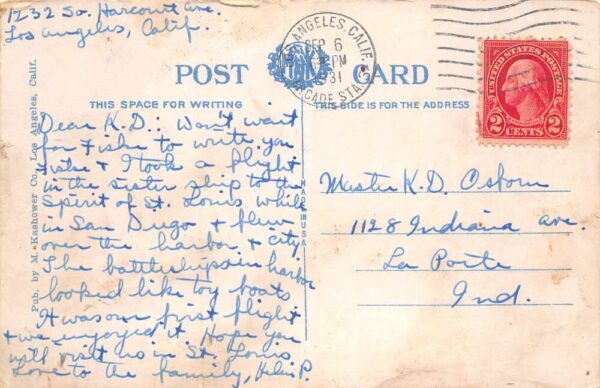San Diego California Ryans Flying School Lindberg Monument Postcard AA82987 - Image 2