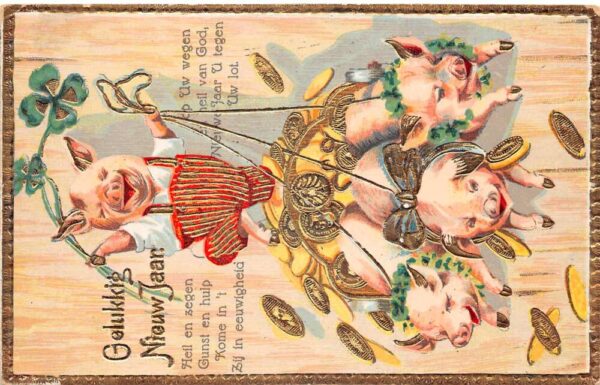 New Year Greetings Dressed Pigs Gold Coins Clovers Vintage Postcard AA82998