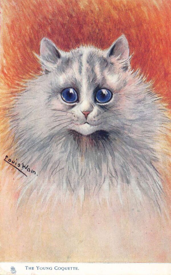 "The Young Coquette" White Cat with Blue Eyes Louis Wain Signed PC AA83006