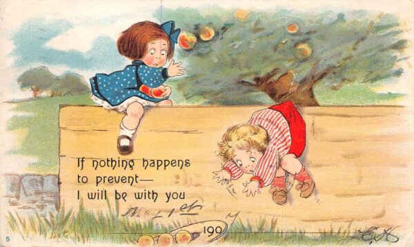 Greetings Children Picking Apples Private Mail Vintage Postcard AA83119