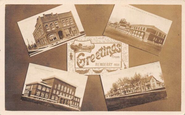 Newberry Michigan Multiview Greetings Buildings Real Photo Postcard AA83190