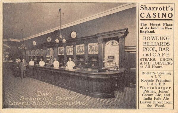 Worcester Massachusetts Sharrotts Casino Bar Interior Vintage Postcard AA83206