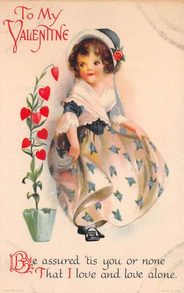 Valentine Greetings Girl with Heart Flowers Clapsaddle Wolf Postcard AA83238