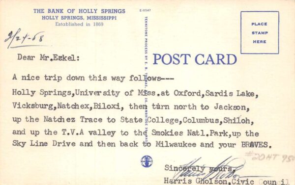 Holly Springs Mississippi Bank of Holly Springs Vintage Postcard AA83361 - Image 2