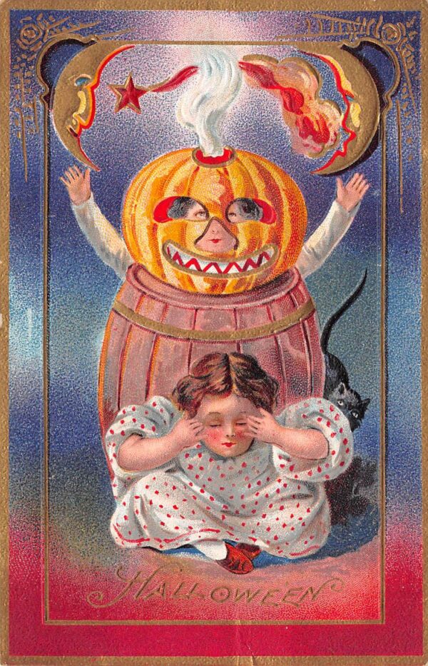 "Hallowe'en" Child W/ Jack-O-Lantern Head & Barrel, Gold Border, PC U17871