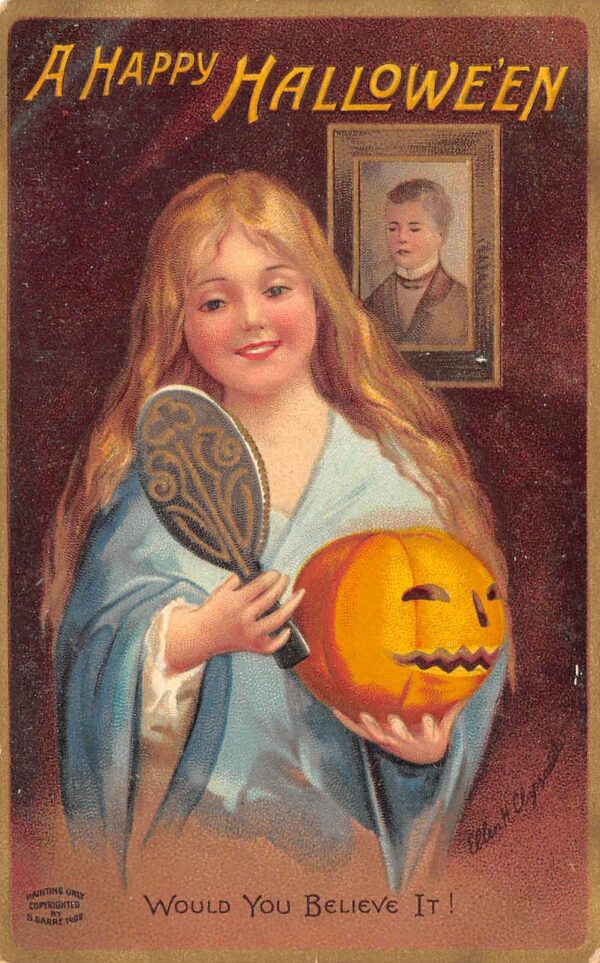 "A Happy Hallowe'en", Girl W/ Mirror & Jack-O-Lantern, Clapsaddle, PC U17872