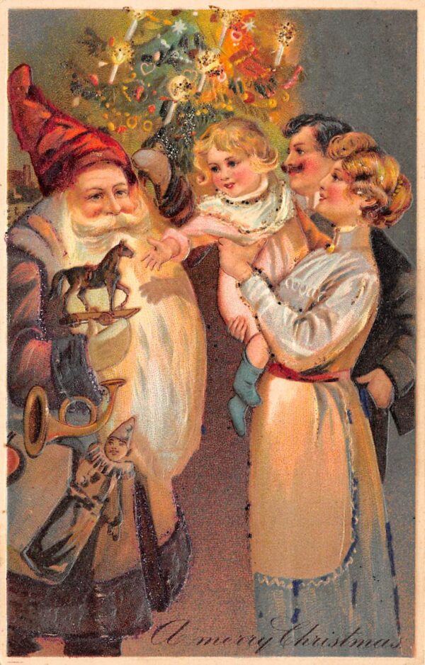 "A Merry Christmas", Brown Robed Santa W/ Family, PFB, Vintage PC U17875