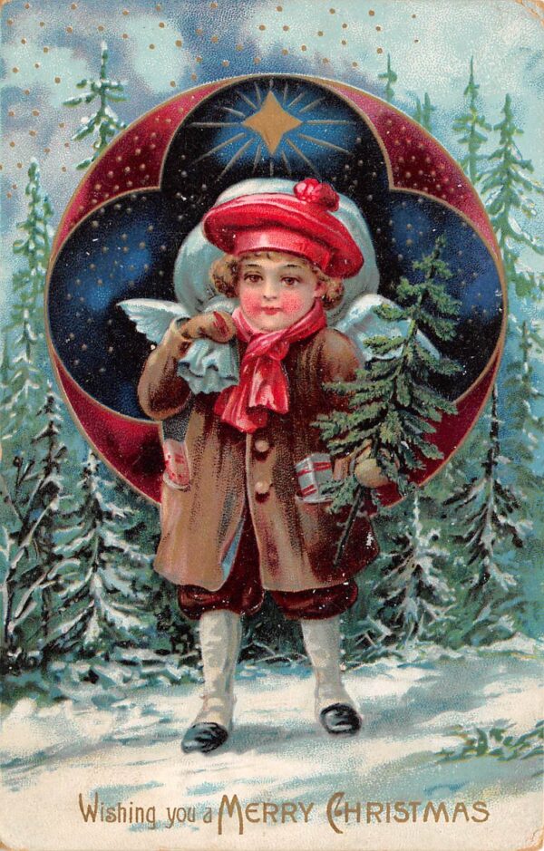 "Wishing You A Merry Christmas", Angel In Coat W/ Toys & Tree, PC U17892