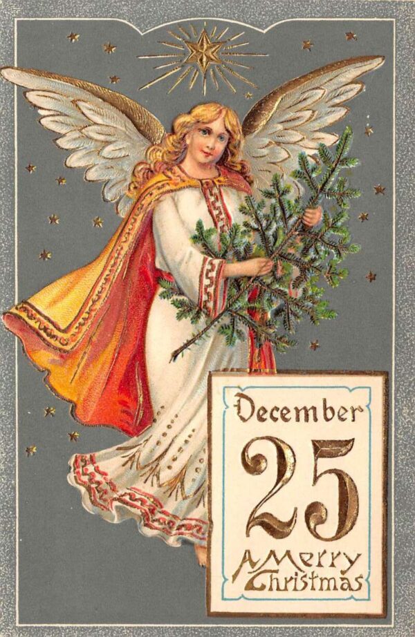 "December 25, A Merry Christmas", Angel With Tree, Vintage Postcard U17894