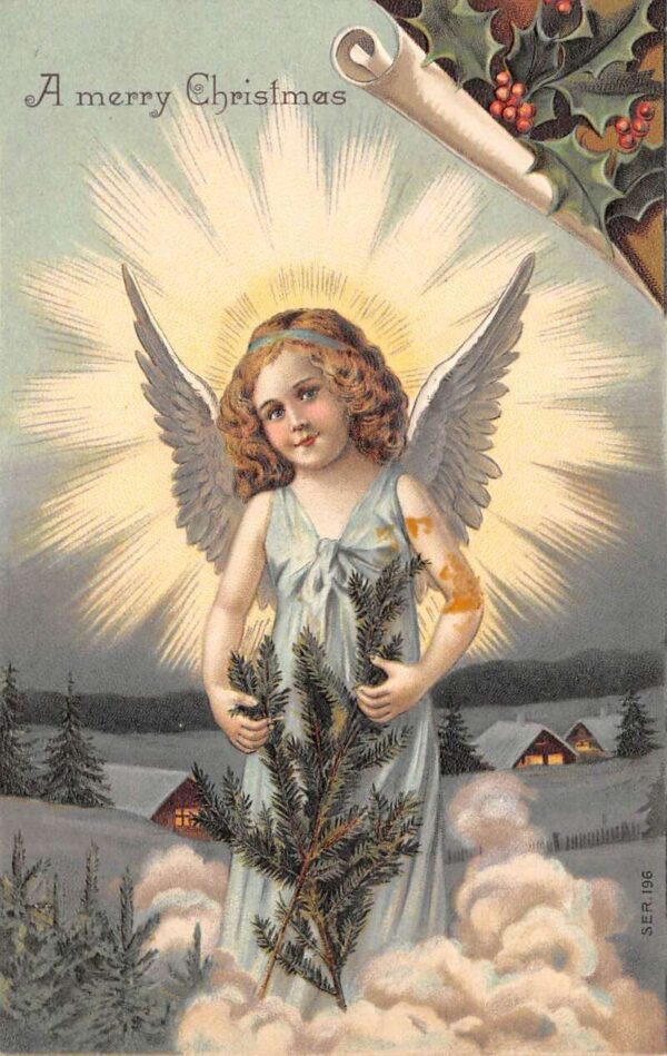 "A Merry Christmas" Child Angel With Christmas Tree, Vintage Postcard U17897