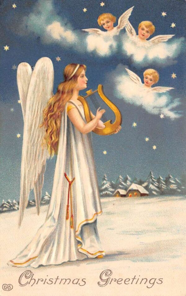 "Christmas Greetings" Angel W/ Garp & Cherub Heads In Clouds, PC U17898