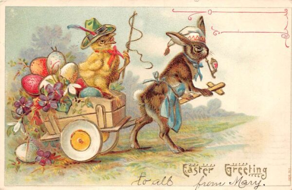 "Easter Greeting", Rabbit Pulls Chick In Cart With Eggs, Vintage Postcard U17901