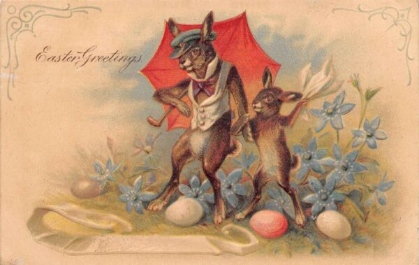 "Easter Greetings" Rabbits With Umbrella & Easter Eggs, Vintage PC U17904