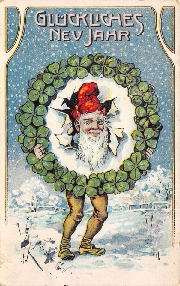 Foreign New Year, Gnome In 4 Leaf Clover Wreath, Vintage Postcard U17907