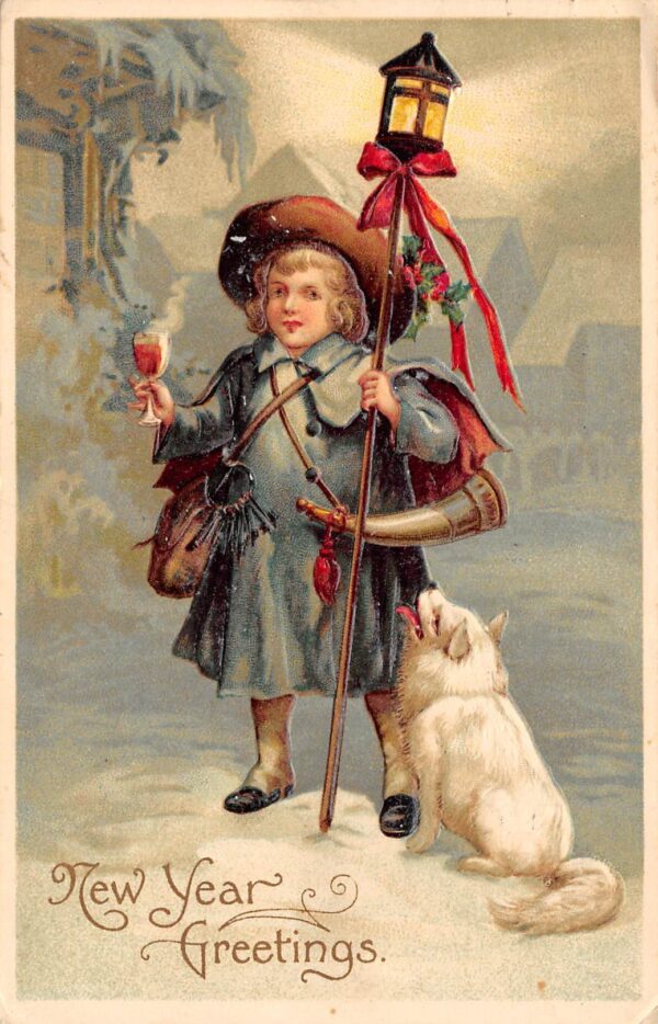 "New Year Greetings" Child W/ Lantern, Wine Glass, & Dog, PC U17911