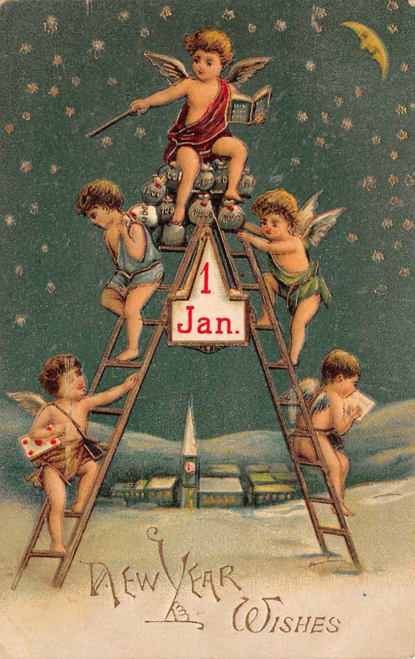 "New Year Wishes", Angels On Ladder, January 1st Date, Vintage PC U17912