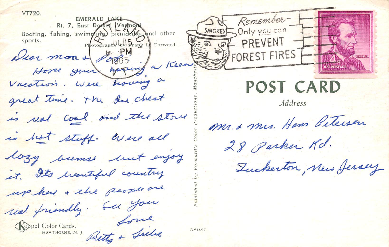 East Dorset Vermont Emerald Lake, Chrome, Vintage Postcard U17927 - Image 2