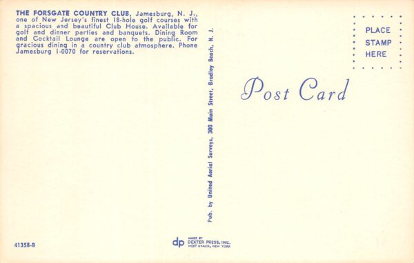 Jamesburg New Jersey Forsgate Country Club, Chrome, Vintage Postcard U17931 - Image 2