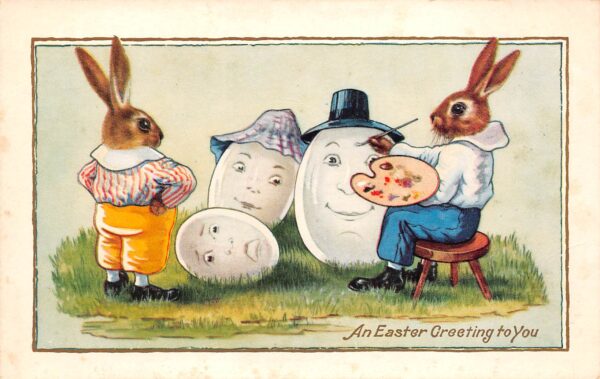 "An Easter Greeting To You" Whitney Made, Bunnies Painting Egg Family, PC U17958