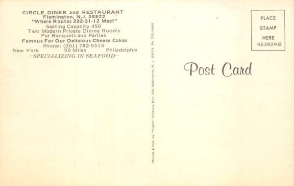 Flemington New Jersey Circle Diner and Restaurant Dining Room Postcard AA83442 - Image 2