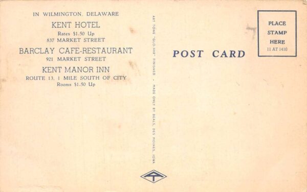 Wilmington Delaware Kent Hotel Barclay Cafe Restaurant Vintage Postcard AA83446 - Image 2