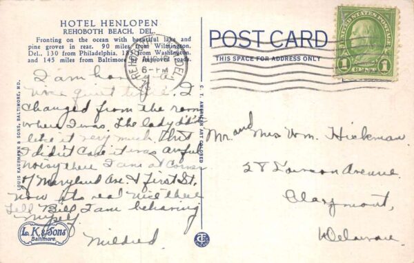 Rehoboth Beach Delaware Hotel Henlopen and Boardwalk Vintage Postcard AA83462 - Image 2
