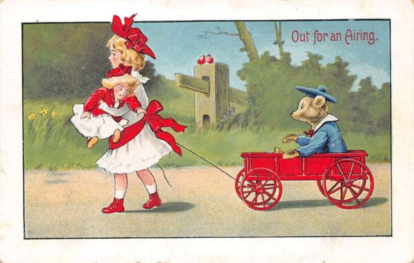 "Out For An Airing" Girl & Doll Pull Bear In Wagon, Vintage Postcard U18012