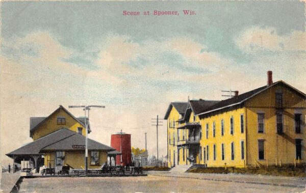 Spooner Wisconsin Town View & Train Depot, Color Lithograph, PC U18020