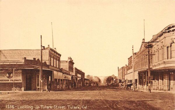 Tulare California Looking Up Tulare St., Anderson Pharmacy, Vintage PC U18029