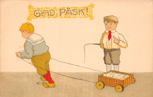 Swedish Happy Easter, Children With Easter Eggs In Cart, Vintage PC U18035