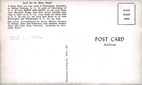 Wilmington Delaware Lord De La Warr Hotel, B/W Chrome, Vintage Postcard U18048 - Image 2