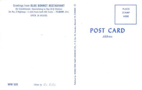 Tilbury, Ontario, Canada Blue Bonnet Restaurant, Coke Sign, Vintage PC U18090 - Image 2