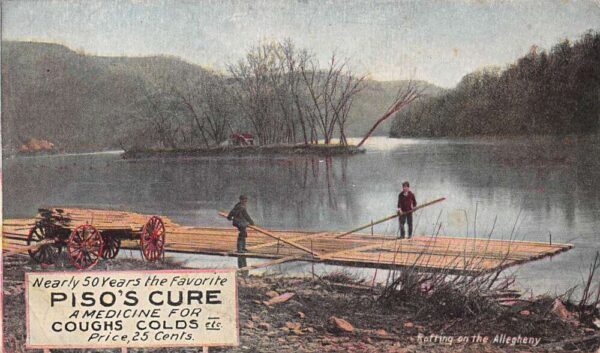 Piso's Cure Cough Medicine Ad Allegheny River Ferry Raft Scene PC AA83545