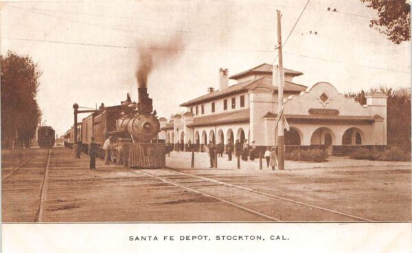 Stockton California Sanda Fe Depot, Sepia Tone Lithograph, Vintage PC U18170