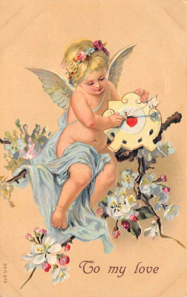 To My Love, Valentine's Day, Cherub On Branch W/ Flowers & Target, PC U18182