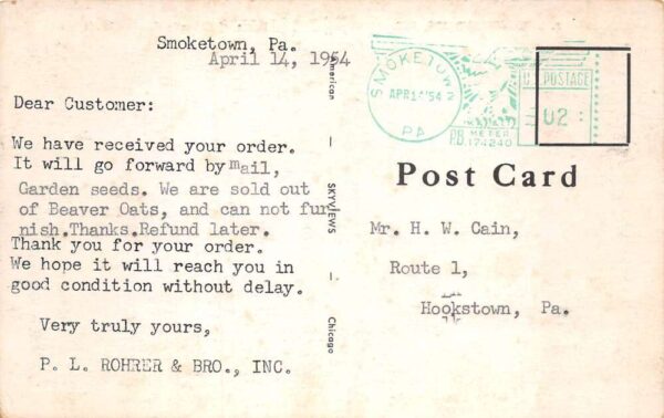 Smoketown Pennsylvania Rohrer and Bro Seeds Vintage Postcard AA83654 - Image 2