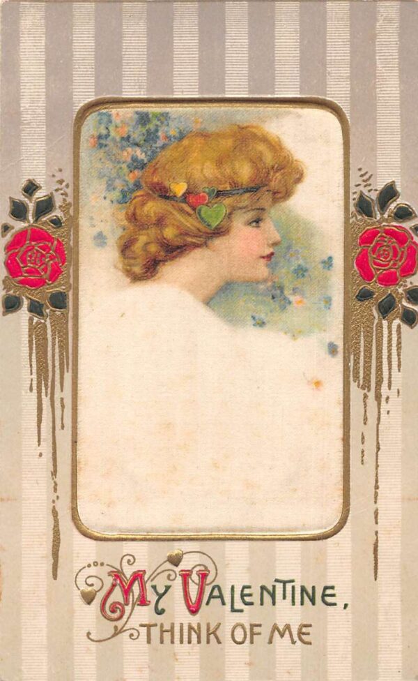 Valentine Greetings Lady Womans Portrait Roses Silk Winsch Postcard AA83698