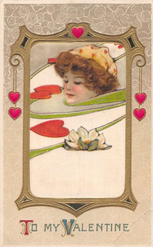 Valentine Greetings Lady with Hearts Lotus Flower Silk Winsch Postcard AA83699