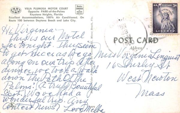Keystone Heights Florida Villa Plumosa Motor Lodge Vintage Postcard AA84066 - Image 2