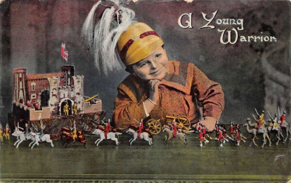 Boy with Toy Military Set "Young Warrior" Vintage Postcard AA84093