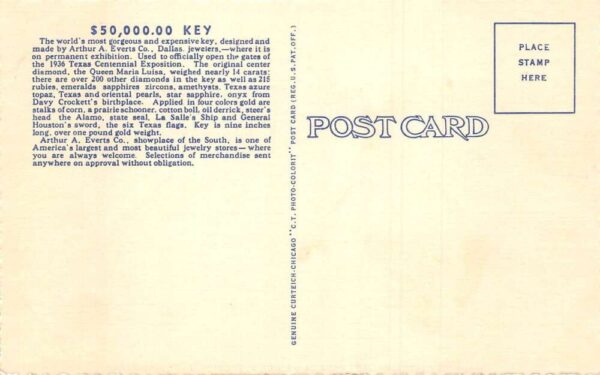Dallas Texas Centennial Key made by Arthur A Everts Jewelry Postcard AA84094 - Image 2