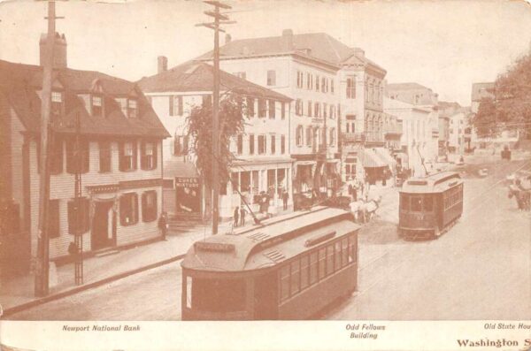 Newport Rhode Island Washinton St Odd Fellows Bldg Trolley Postcard AA84294